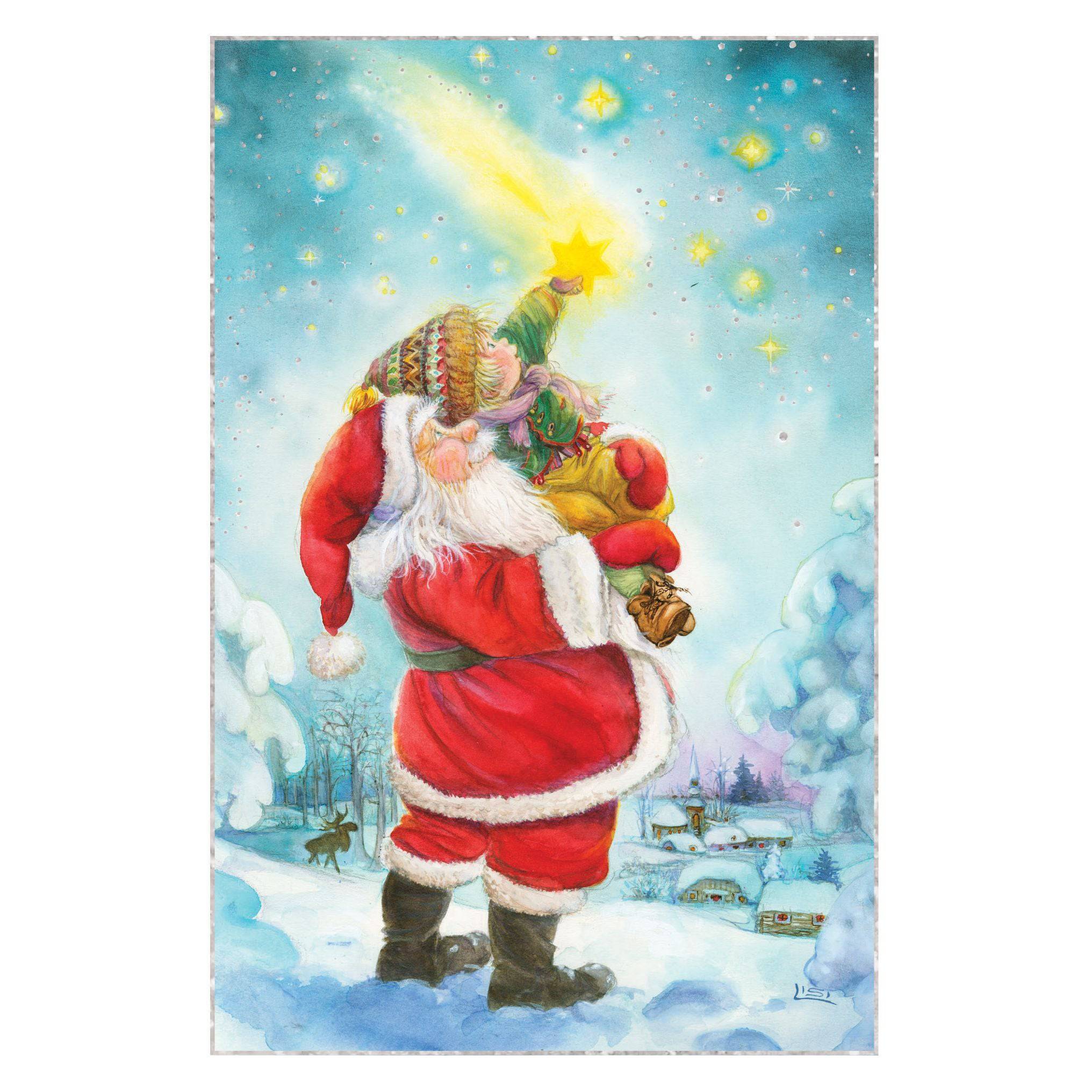 Seasonal Shooting Star Santa Christmas card by Lisi Martin featuring festive Santa and star illustrations for the holiday season